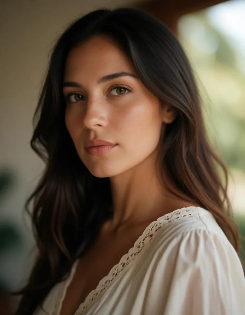 Portrait d'une femme aux cheveux bruns ondulés vêtue d'une robe en lin crème, lumière douce et fond flou aux tons dorés et