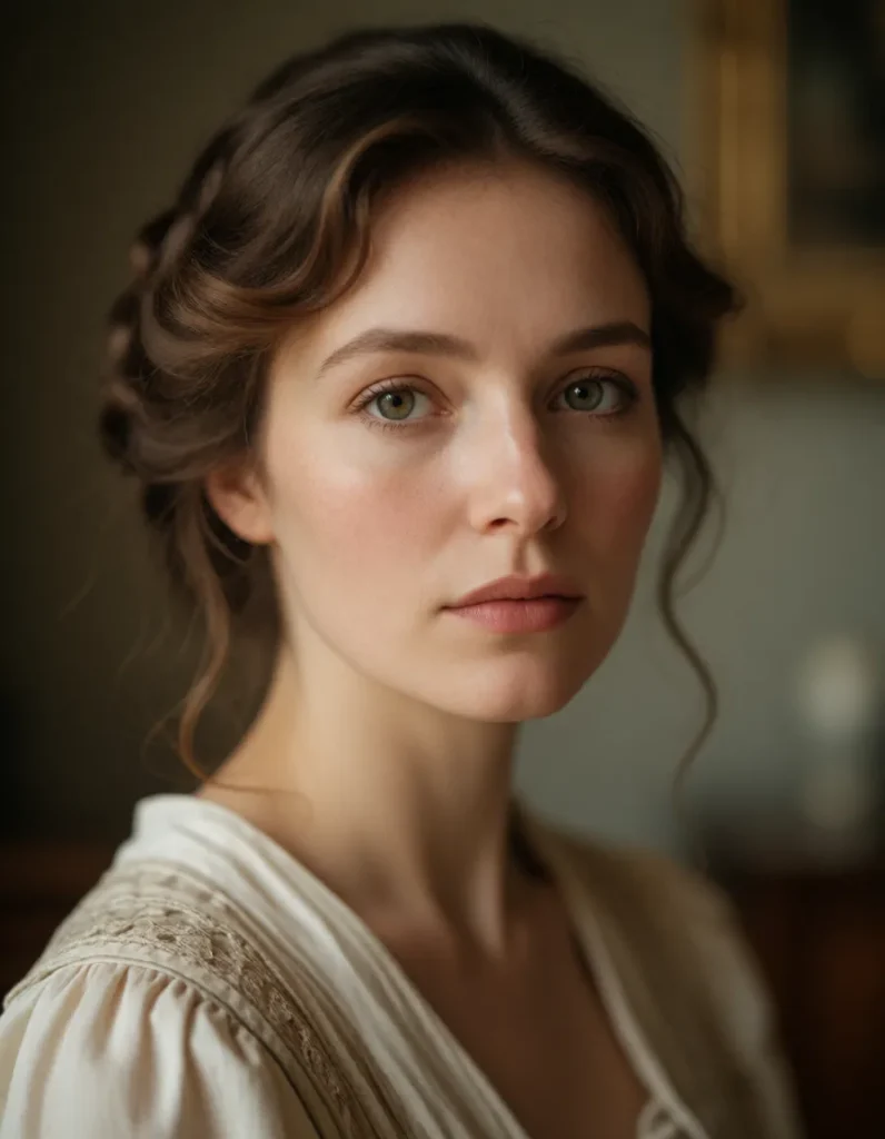 Portrait d'une femme aux cheveux bruns ondulés vêtue d'une robe en lin crème, lumière douce et tons sépia évoquant un style