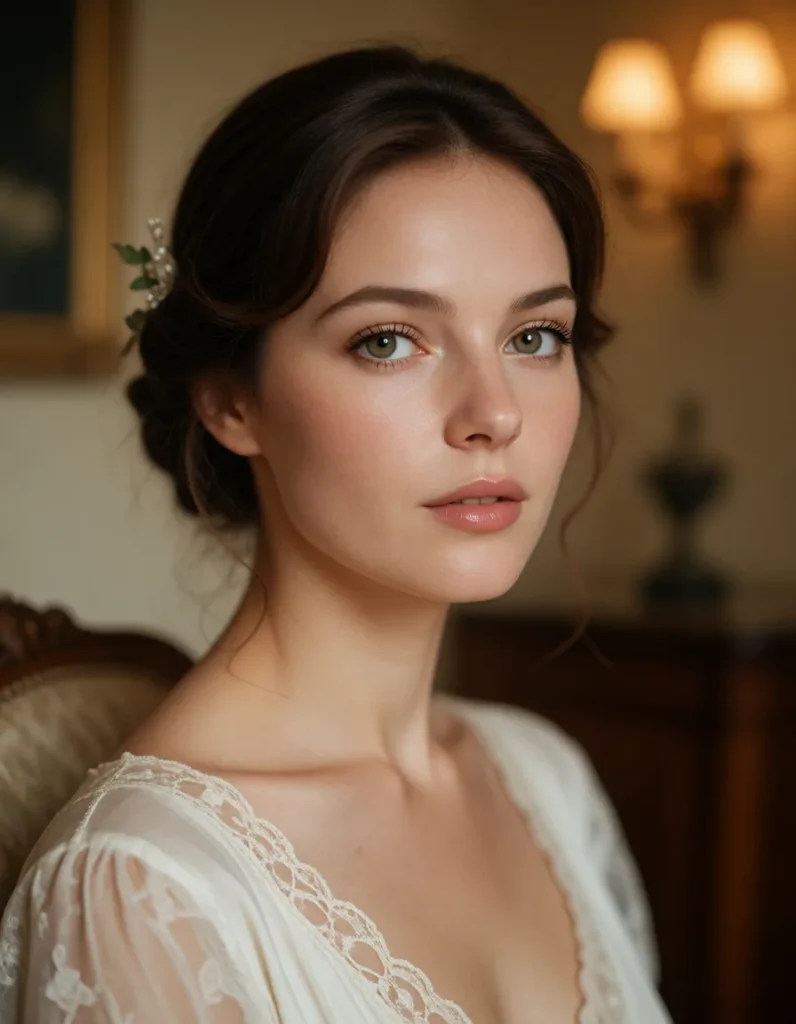 Portrait en noir et blanc d'une femme élégante aux cheveux courts, vêtue d'une robe à motifs géométriques clairs, assise