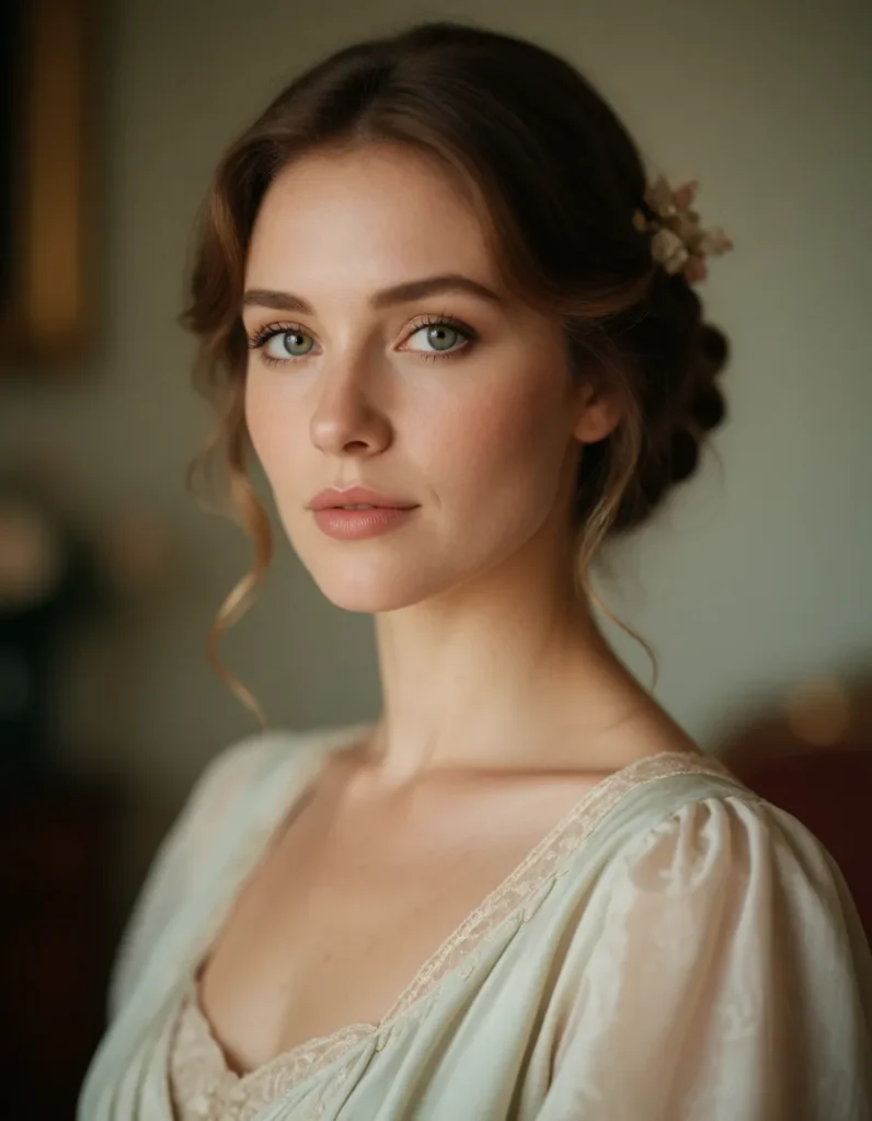 Portrait en gros plan d'une femme aux cheveux bruns ondulés, vêtue d'une robe en mousseline blanche à motifs ajourés