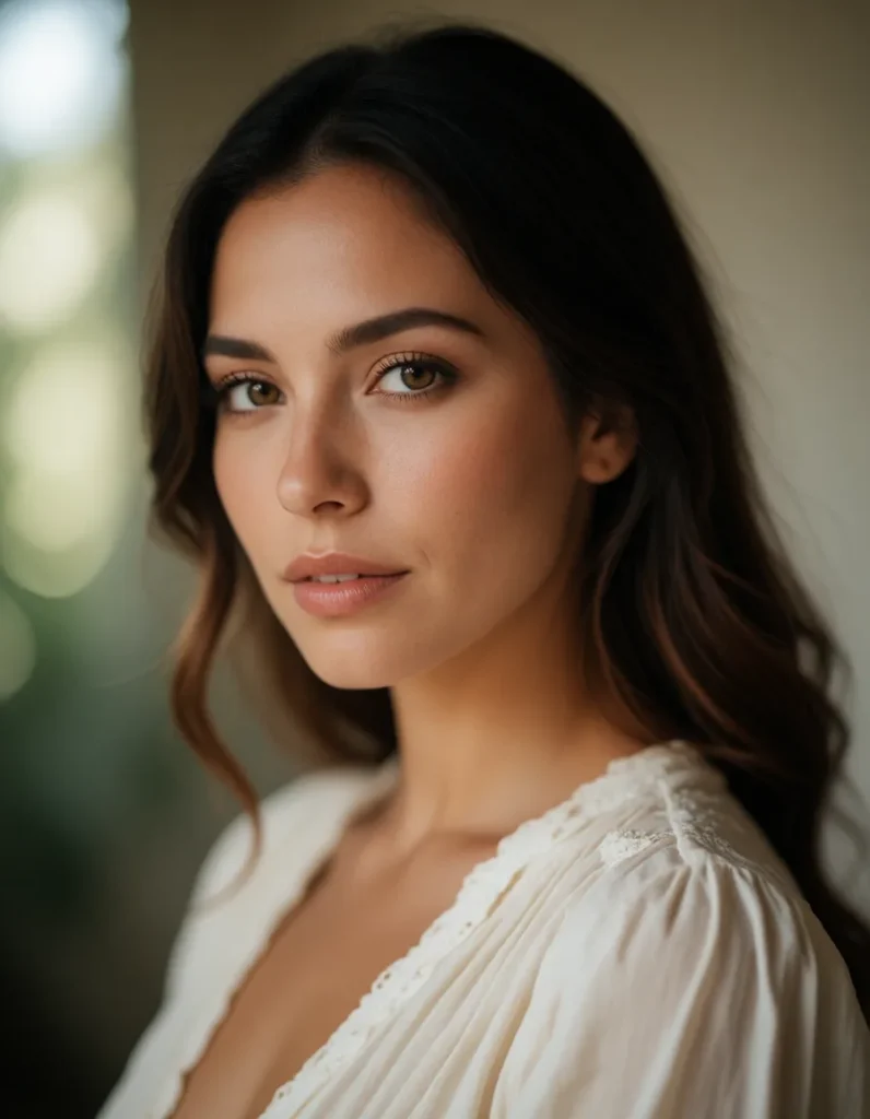 Portrait en gros plan d'une femme aux cheveux bruns lissés, vêtue d'une robe blanche en mousseline, lumière douce et fond