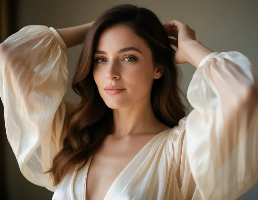 Portrait d'une femme aux cheveux bruns ondulés vêtue d'une robe blanche en mousseline fluide, mains posées sur les épaules