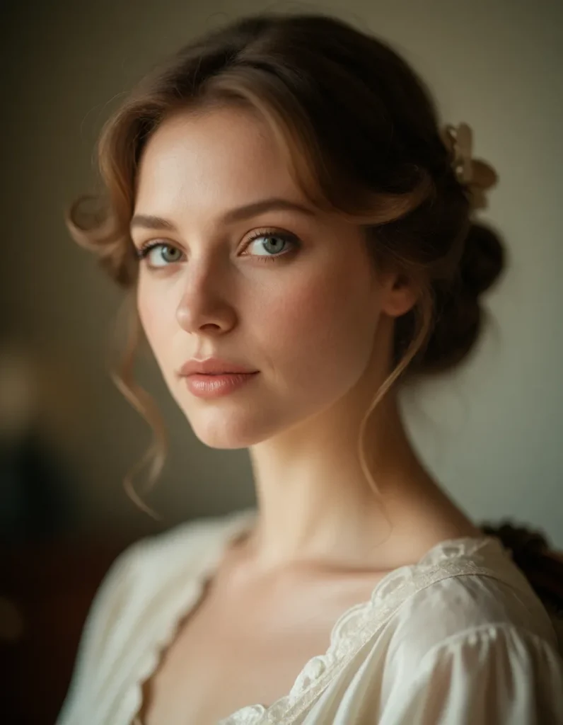Portrait en noir et blanc d'une femme aux cheveux bouclés, vêtue d'une robe à manches bouffantes en mousseline claire