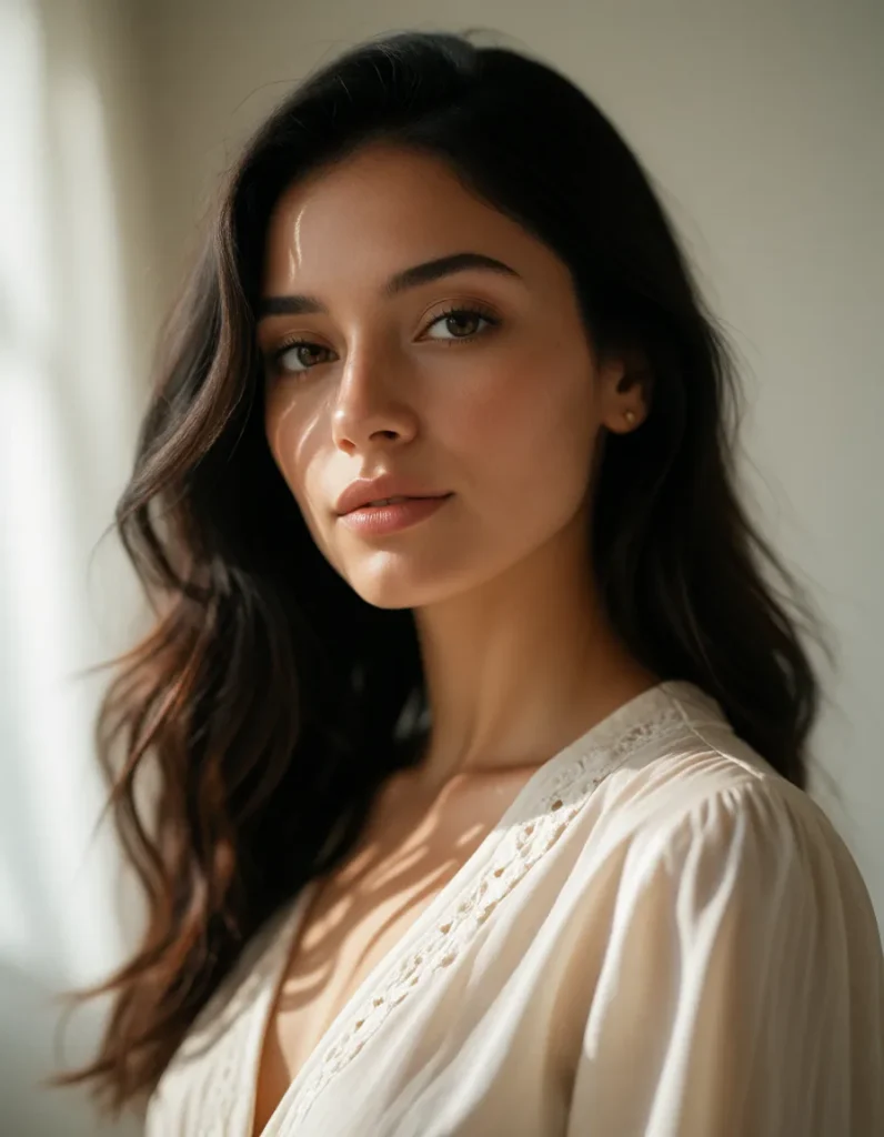 Jeune femme aux cheveux bruns bouclés, vêtue d'une robe en mousseline blanche, éclairée par une lumière douce et des ombres