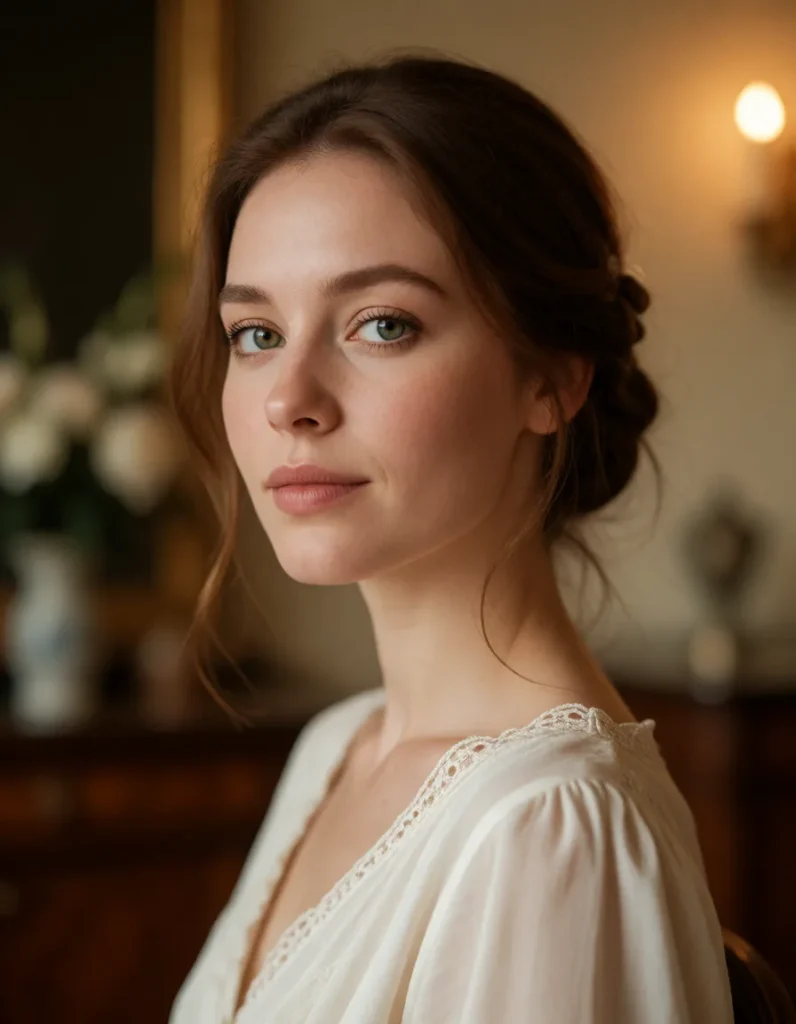 Portrait en noir et blanc d'une femme élégante aux cheveux longs, vêtue d'une robe en mousseline claire, dans un salon aux