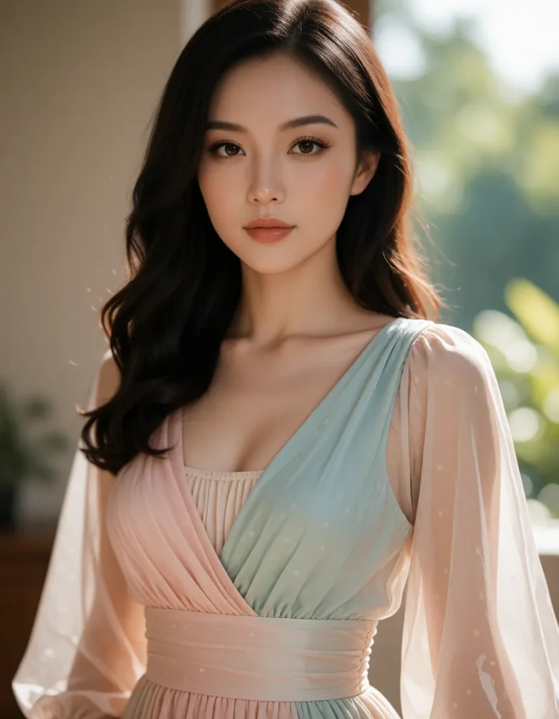 Femme asiatique aux cheveux noirs lissés, vêtue d'une robe fluide à rayures pastel, devant un fond flou de feuillage et de