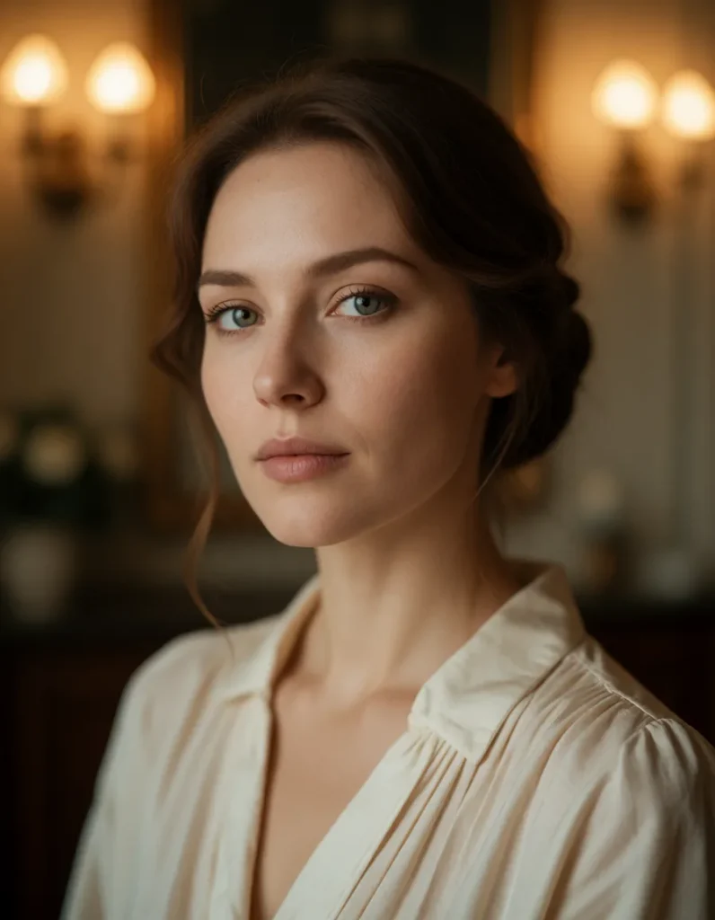 Femme au regard intense vêtue d'une robe à rayures blanches et beige, assise dans un salon aux lumières chaudes et floues en