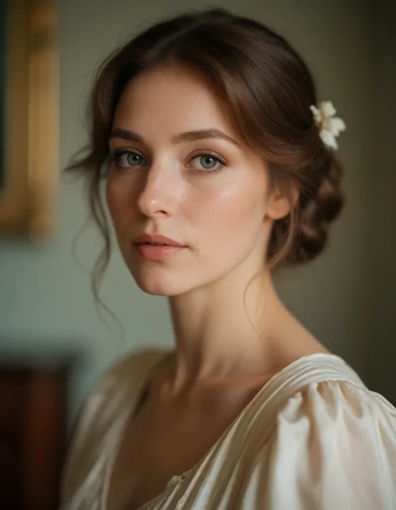 Portrait d'une femme aux cheveux bruns ondulés vêtue d'une robe en soie blanche, lumière douce et fond flou aux tons sépia.