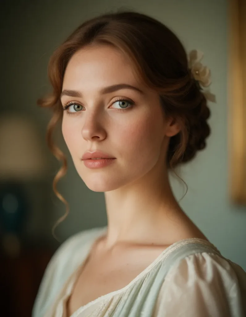 Portrait en gros plan d'une femme aux cheveux bruns bouclés, vêtue d'une robe blanche en soie à manches longues, éclairée