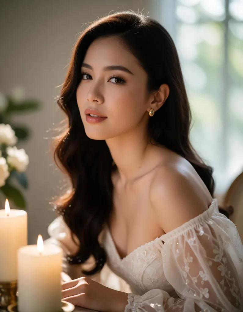 Femme aux cheveux bruns bouclés vêtue d’une robe en soie ivoire, bijoux dorés et boucles d’oreilles scintillantes, lumière
