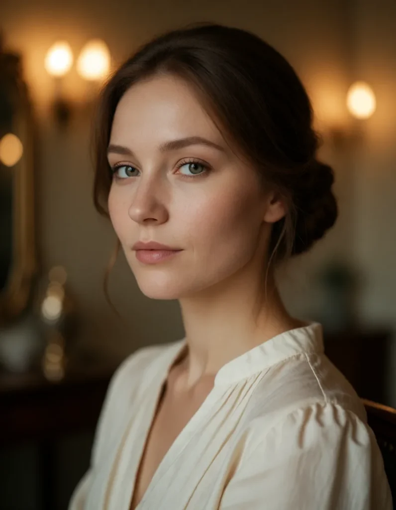 Femme aux cheveux bruns lissés vêtue d'une robe en soie ivoire, assise dans un salon aux lumières chaudes et floues en