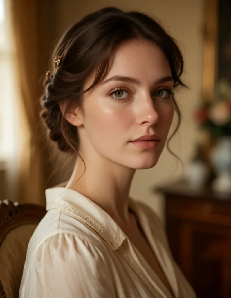 Portrait d'une femme élégante aux cheveux bruns ondulés, vêtue d'une robe en soie crème à manches longues, assise dans un