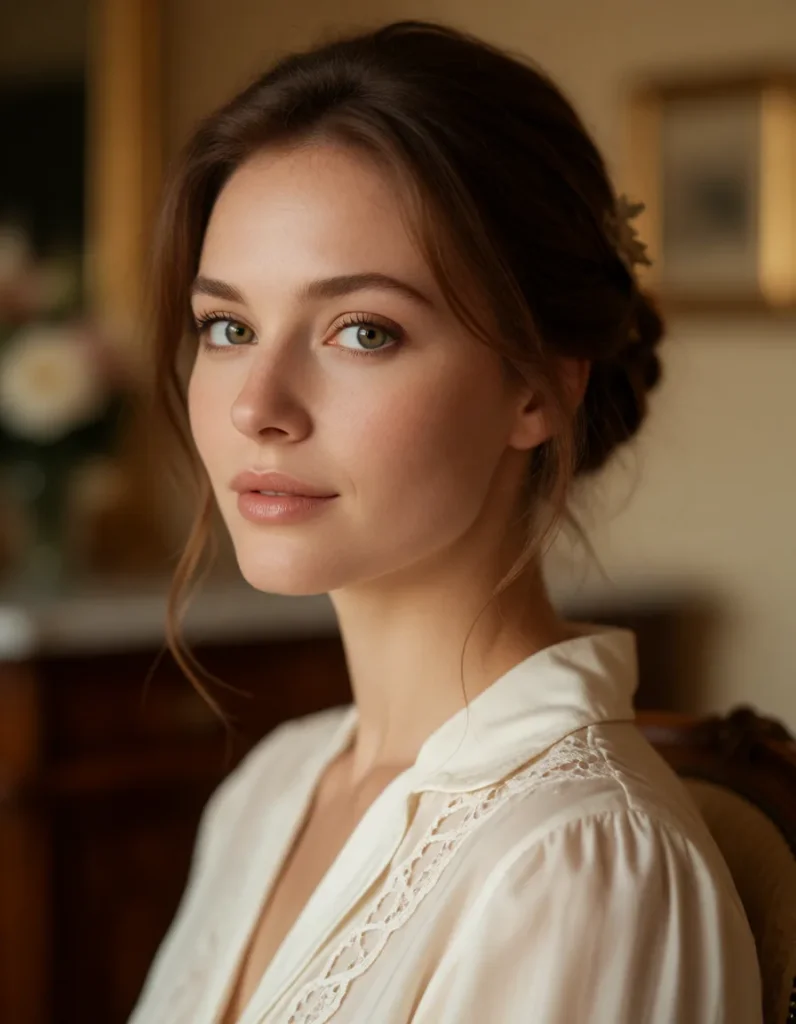Jeune femme aux cheveux blonds ondulés vêtue d'une robe en soie crème à manches bouffantes, assise dans un fauteuil en