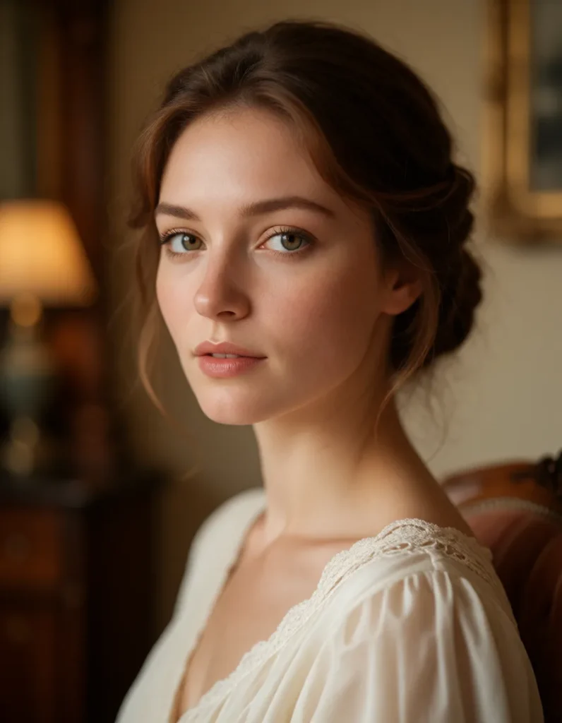 Portrait d'une femme aux cheveux bruns bouclés vêtue d'une robe en soie ivoire, dans un salon aux boiseries sombres et à la