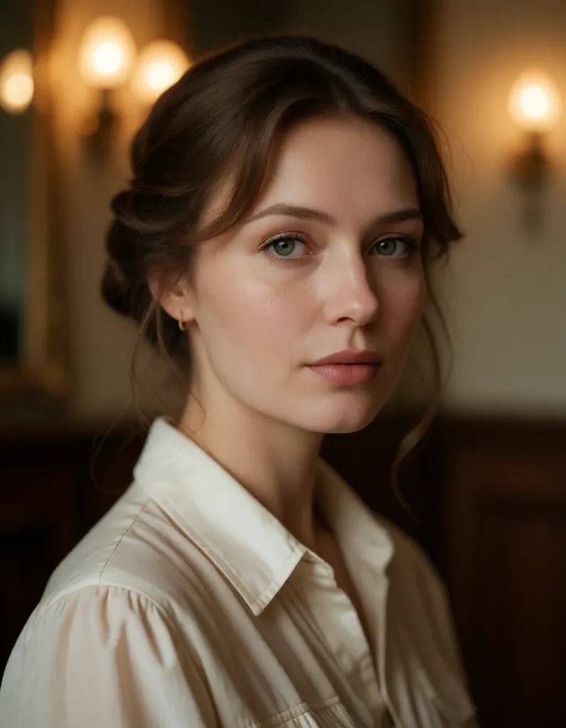 Femme aux cheveux bruns coiffés en chignon, portant une robe en soie blanche aux plis fluides, assise dans un fauteuil en