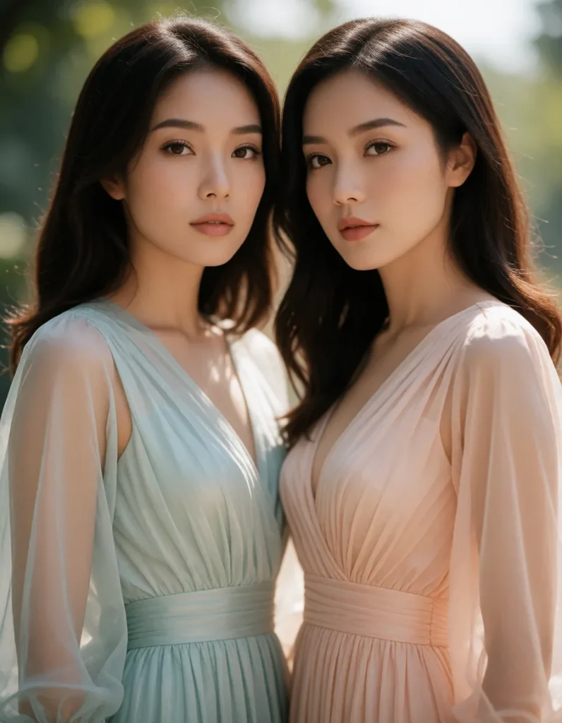 Deux femmes aux cheveux longs vêtues de robes fluides en soie, l'une en bleu pâle et l'autre en crème, posant sous une