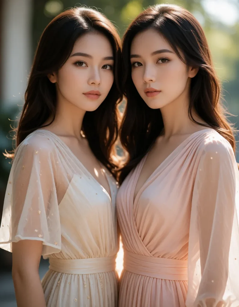 Deux femmes aux cheveux longs vêtues de robes fluides en soie, couleurs pastel, posant devant un fond flou aux tons dorés et