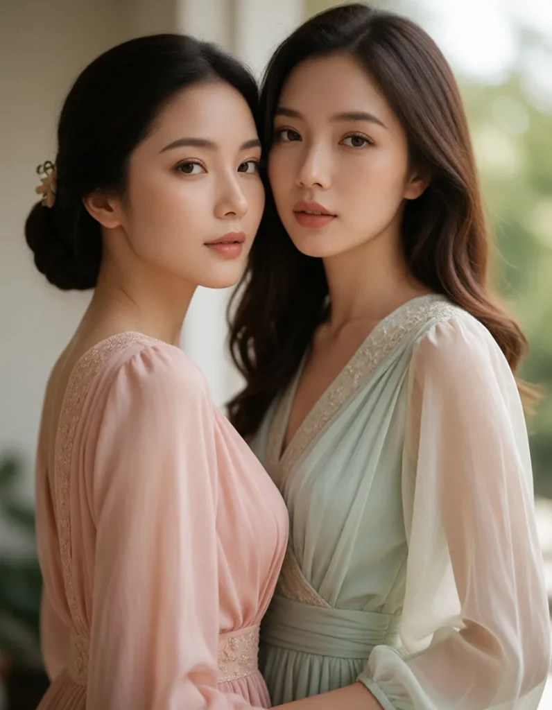 Deux femmes aux cheveux longs vêtues de robes fluides en soie aux tons pastel, posant dans un intérieur lumineux aux murs