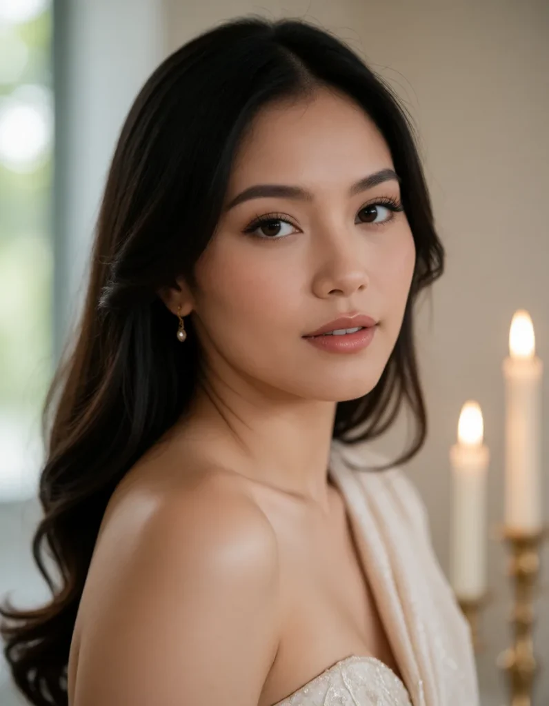Jeune femme asiatique aux cheveux noirs lissés, vêtue d'une robe blanche en soie à manches longues, assise près d'une bougie