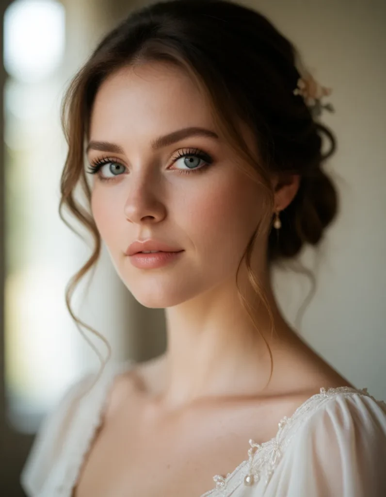 Portrait en noir et blanc d'une jeune femme aux cheveux bouclés, robe en mousseline claire, collier de perles, lumière douce
