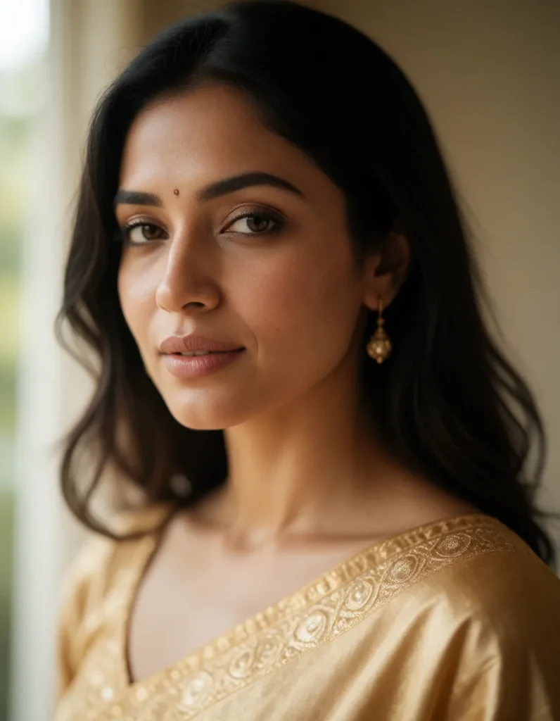 Portrait d'une femme aux traits délicats vêtue d'une robe dorée ornée de broderies, cheveux noirs lissés, bijoux fins, fond