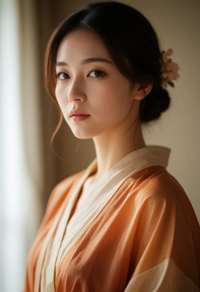 Portrait en lumière douce d'une personne aux cheveux noirs lissés, vêtue d'une robe en soie beige aux reflets dorés, dans un