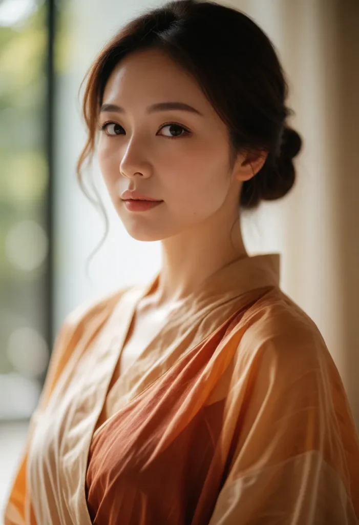 Portrait d'une femme aux cheveux longs bruns, vêtue d'une robe en soie beige aux reflets dorés, dans un intérieur baigné