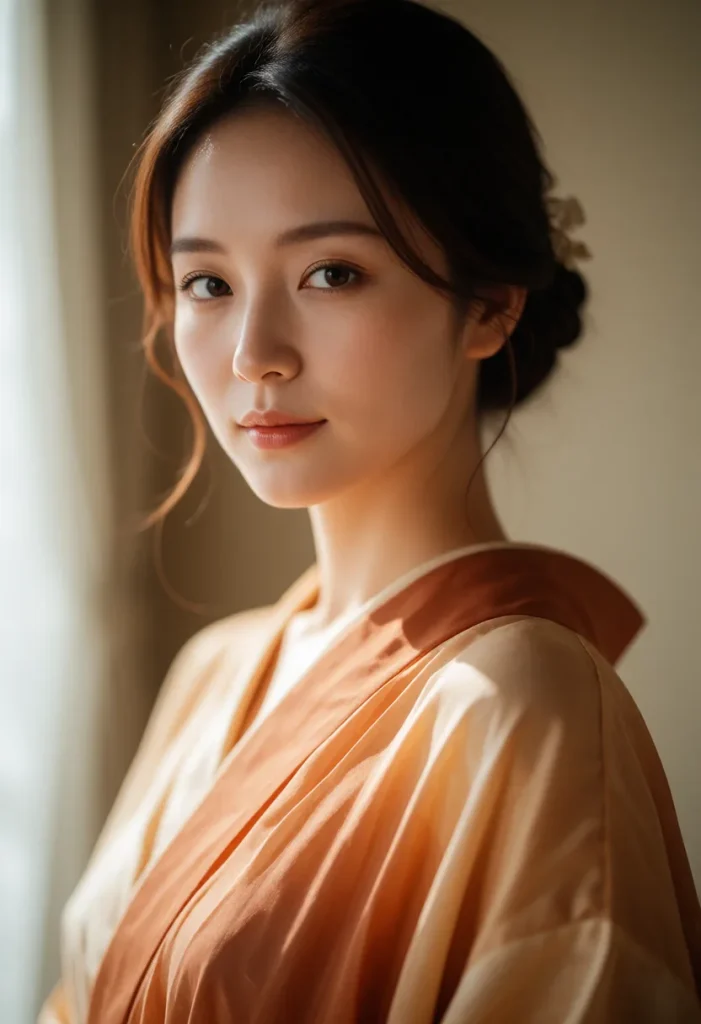 Portrait d'une femme aux cheveux bruns lissés, vêtue d'une robe en soie beige aux reflets dorés, dans une lumière douce et