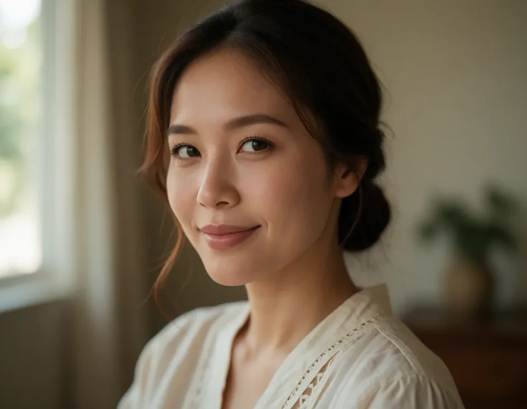 Jeune femme asiatique aux cheveux mi-longs bruns, vêtue d'un chemisier blanc à motifs brodés, éclairée par une lumière douce