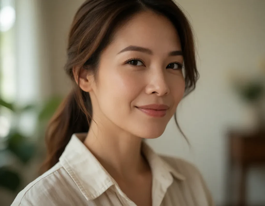 Jeune femme asiatique aux cheveux lissés, vêtue d'un chemisier blanc à rayures fines, dans un salon aux tons vintage et
