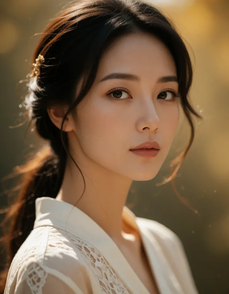 Jeune femme asiatique aux cheveux noirs lissés, vêtue d’un chemisier blanc à motifs ajourés, dans un intérieur chaleureux