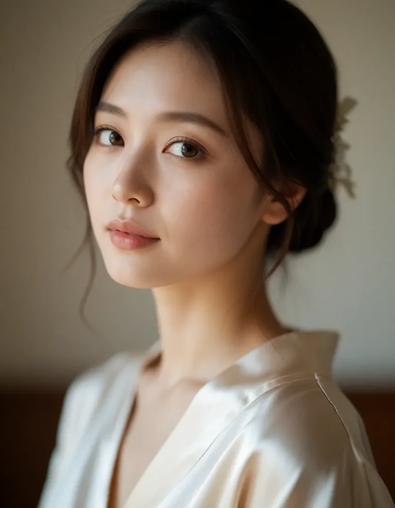 Jeune femme aux cheveux bruns lissés, vêtue d'une blouse en soie blanche, éclairée par une lumière douce et naturelle, fond