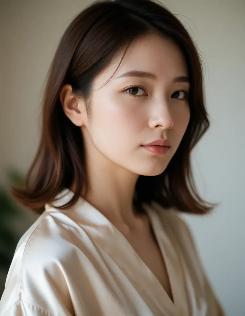 Jeune femme aux cheveux longs bruns, vêtue d'une blouse en soie blanche légèrement transparente, éclairée par une lumière