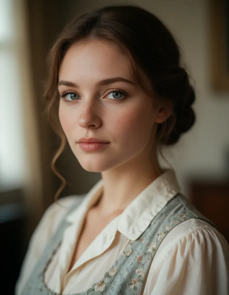 Jeune femme aux cheveux mi-longs bruns, vêtue d'une chemise blanche à motifs floraux brodés, éclairée par une lumière douce