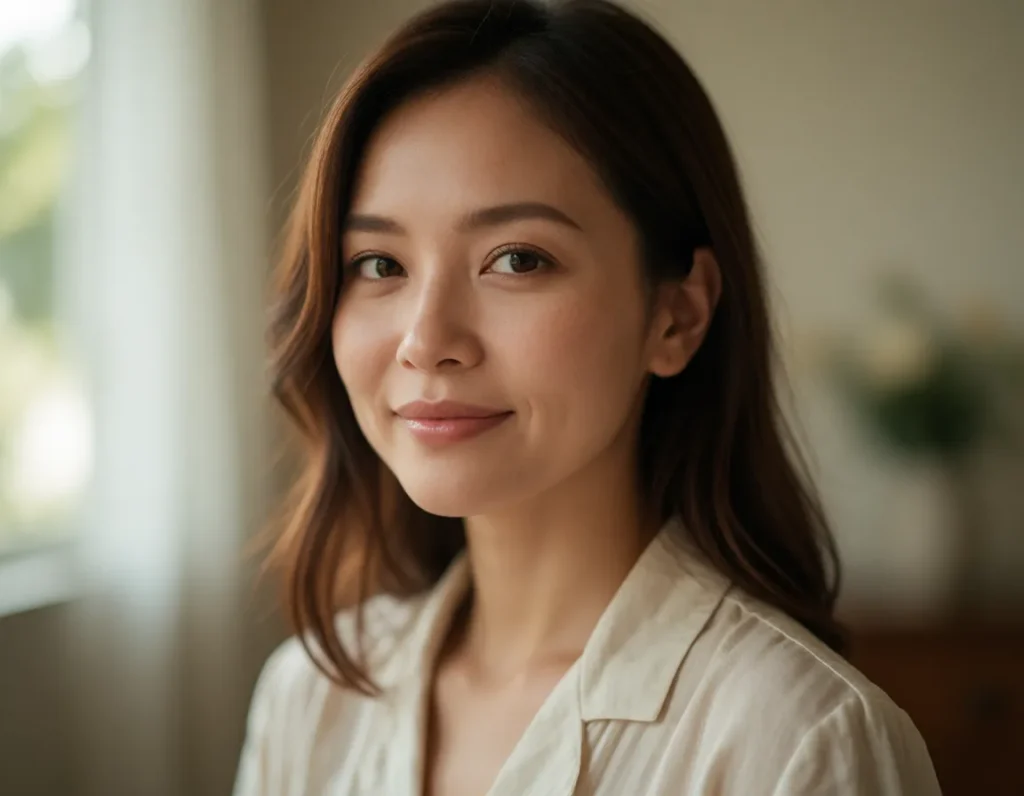 Jeune femme aux cheveux bruns mi-longs et à la peau claire, vêtue d'une chemise blanche en lin, assise dans un salon aux