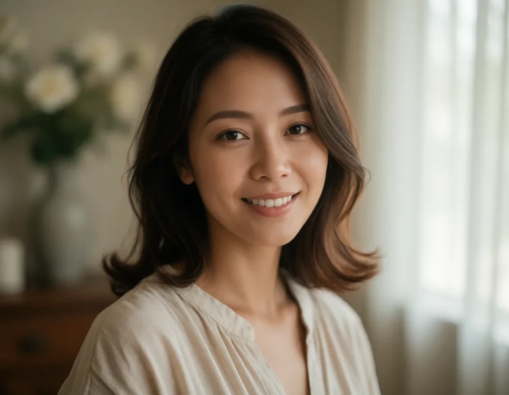 Jeune femme aux cheveux bruns et bouclés vêtue d'un chemisier en lin blanc, souriante dans un salon aux tons pastel et