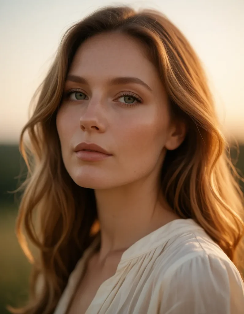 Jeune femme aux cheveux blonds ondulés, vêtue d'une chemise blanche en lin, éclairée par une lumière dorée et douce en
