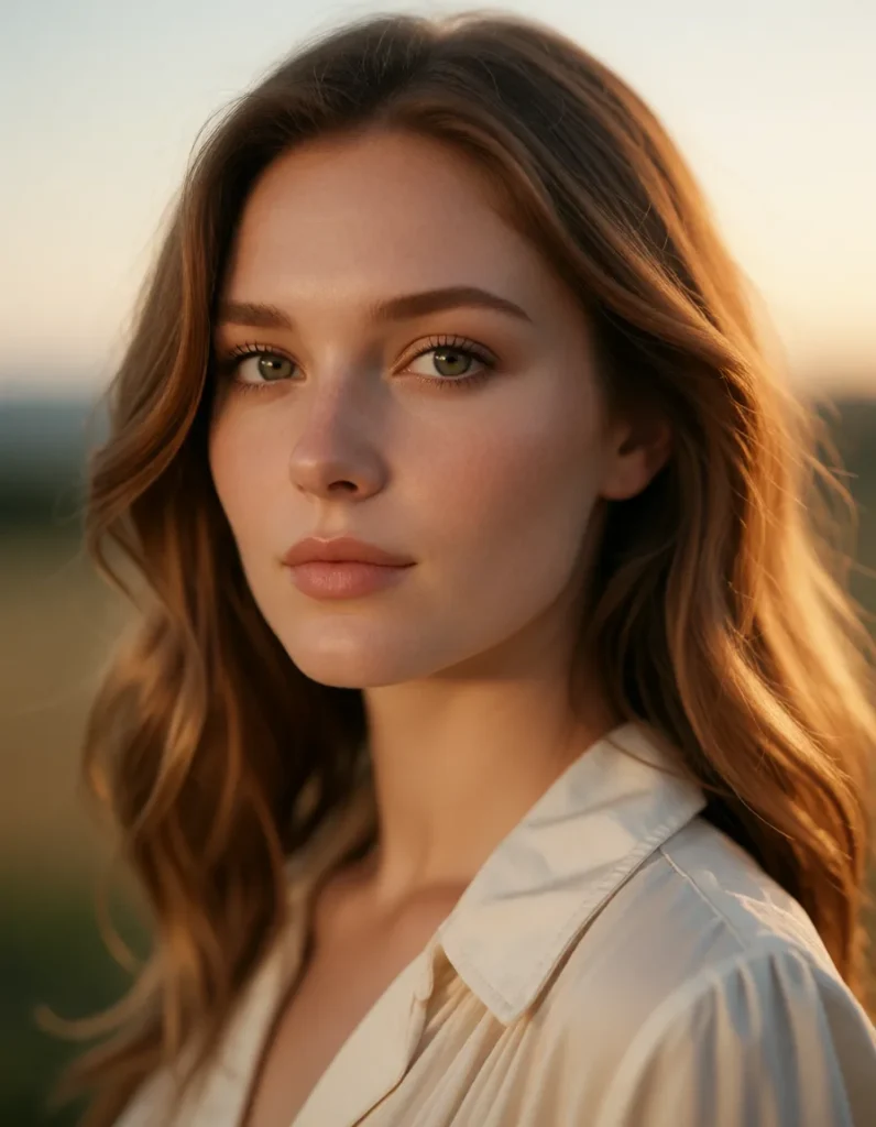 Jeune femme aux cheveux blonds ondulés vêtue d'une chemise à rayures bleues et blanches, éclairée par une lumière dorée et