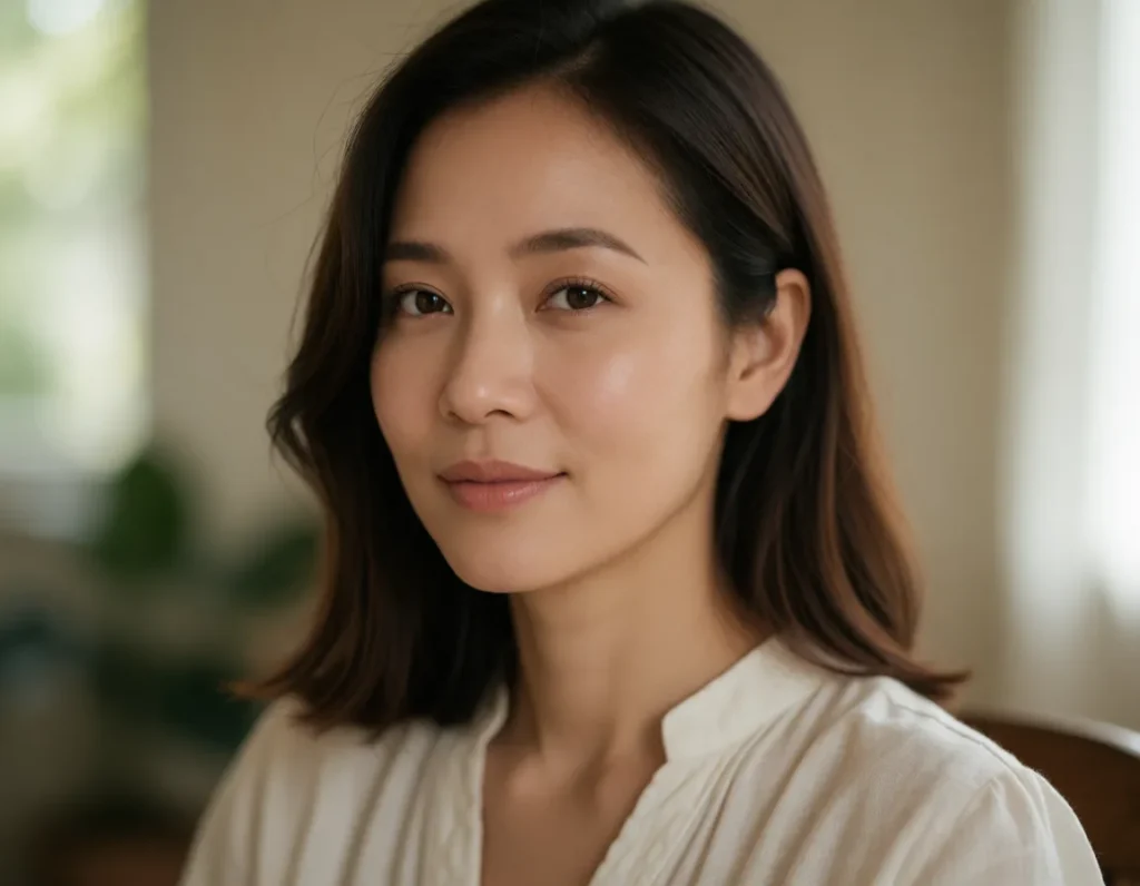 Jeune femme aux cheveux bruns lissés, vêtue d’une chemise blanche en lin, éclairée par une lumière douce et naturelle dans