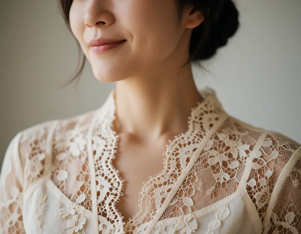 Jeune femme asiatique vêtue d'une robe en dentelle blanche à motifs floraux, coiffée d'un chapeau noir à large bord, dans un