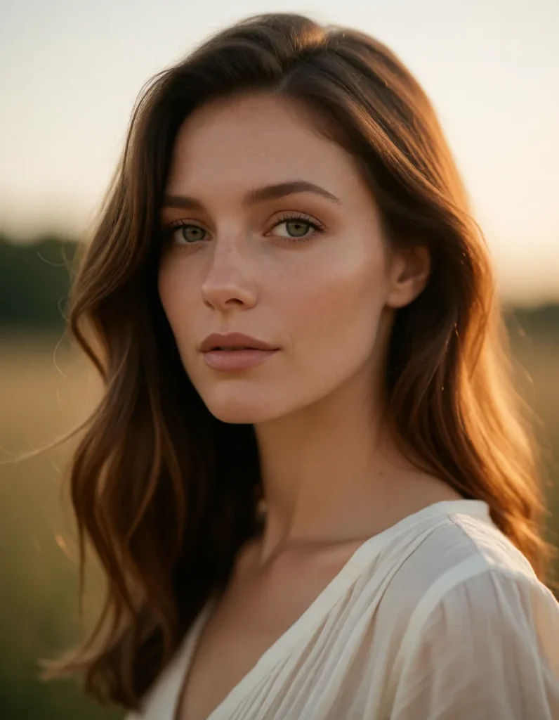 Jeune femme aux cheveux blonds ondulés, vêtue d'un haut blanc à rayures fines, éclairée par une lumière dorée et douce en