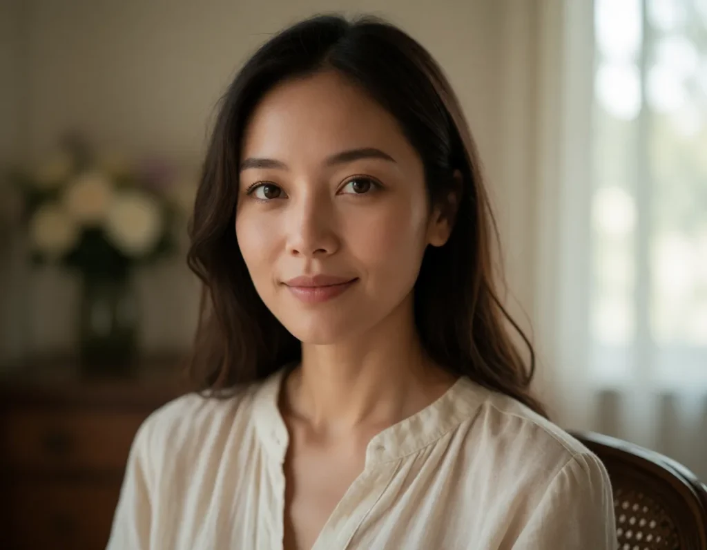Jeune femme aux cheveux mi-longs châtains, vêtue d'une chemise en lin beige, assise dans un salon aux tons doux et vintage