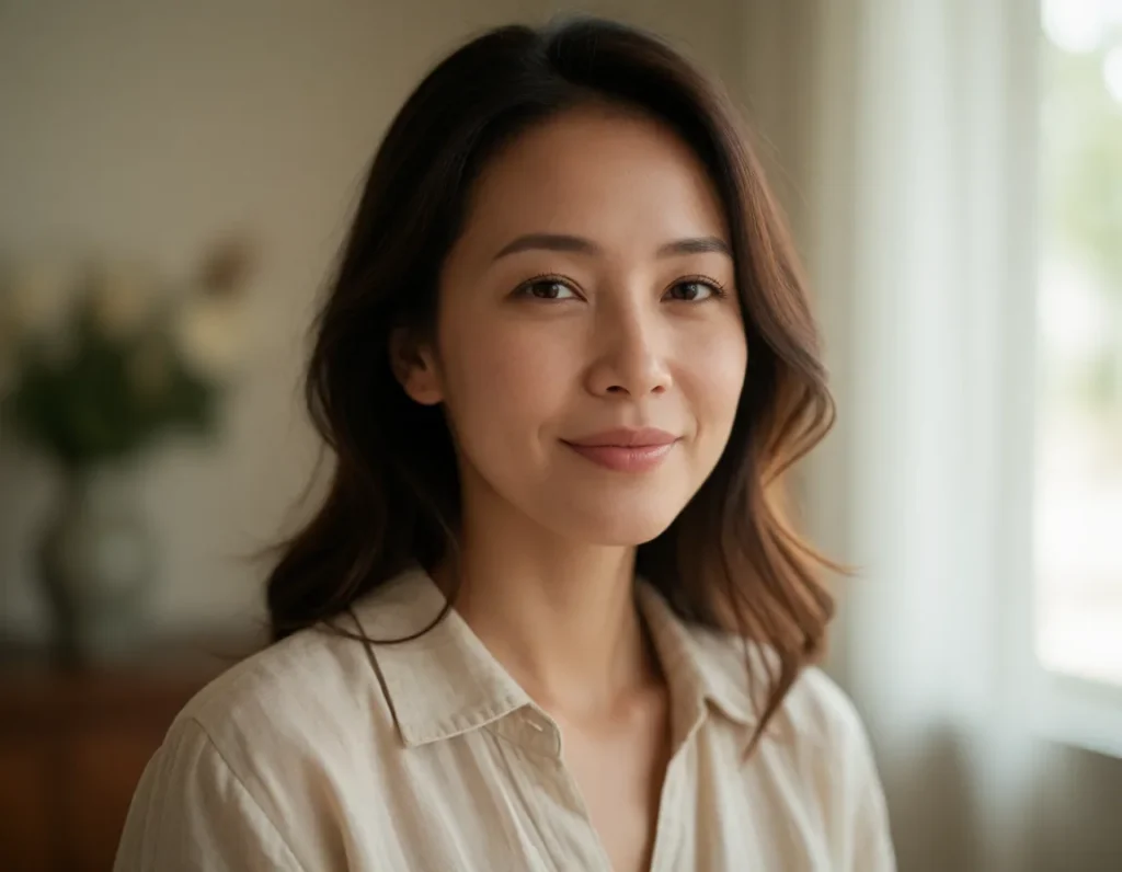 Jeune femme aux cheveux bruns mi-longs, vêtue d’une chemise en lin beige, éclairée par une lumière douce et naturelle dans