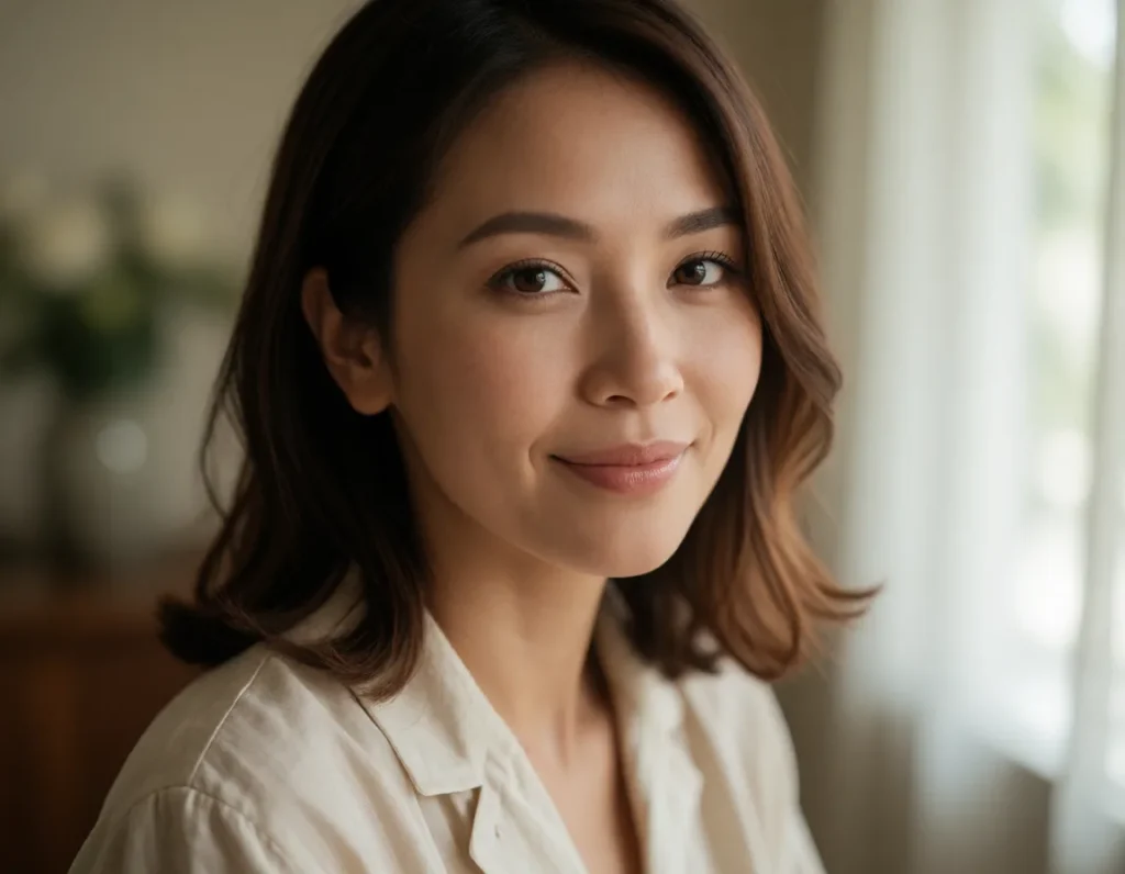 Jeune femme aux cheveux bruns mi-longs, vêtue d'une chemise en lin crème, dans un salon aux tons vintage et doux, lumière