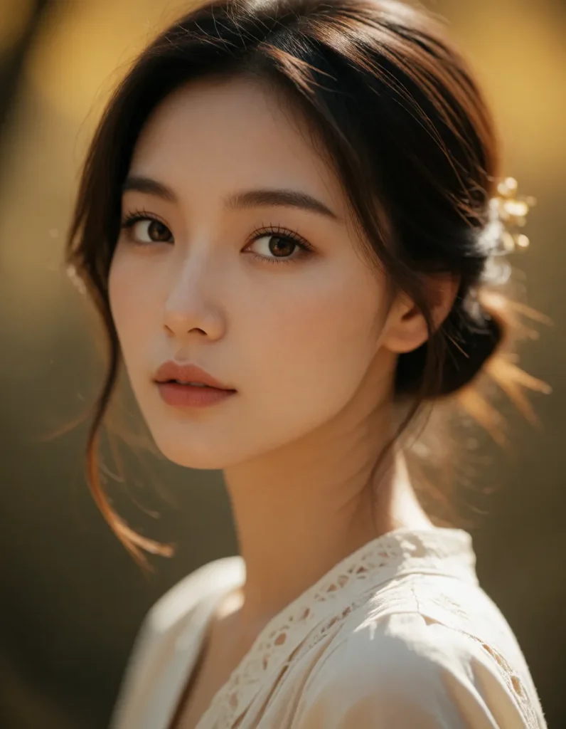 Jeune femme asiatique aux cheveux noirs lissés, vêtue d'une robe blanche à manches longues, assise près d'un mur en bois