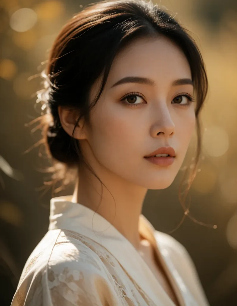 Jeune femme asiatique aux cheveux noirs lissés, vêtue d'une robe blanche à motifs floraux, dans un intérieur chaleureux