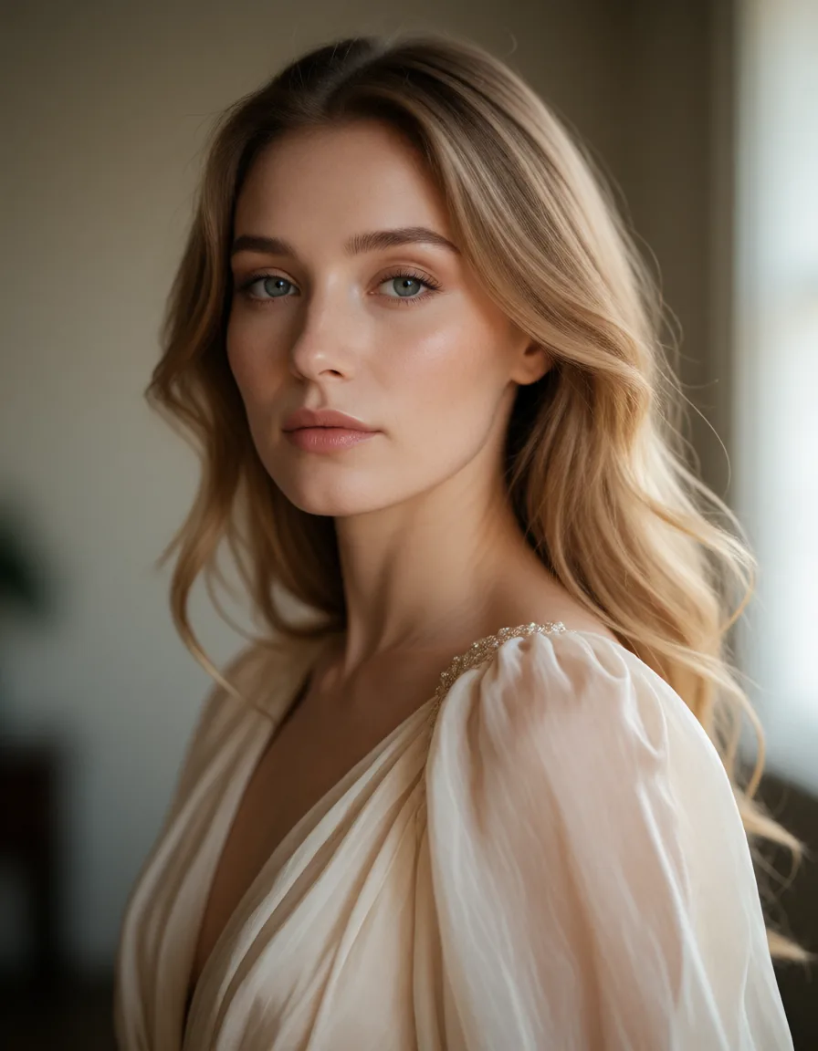Jeune femme aux cheveux blonds ondulés portant une robe blanche fluide, bijoux discrets et maquillage naturel, assise dans