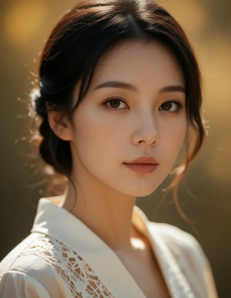 Jeune femme asiatique aux cheveux noirs mi-longs, vêtue d'une robe blanche à motifs géométriques, dans un intérieur aux tons