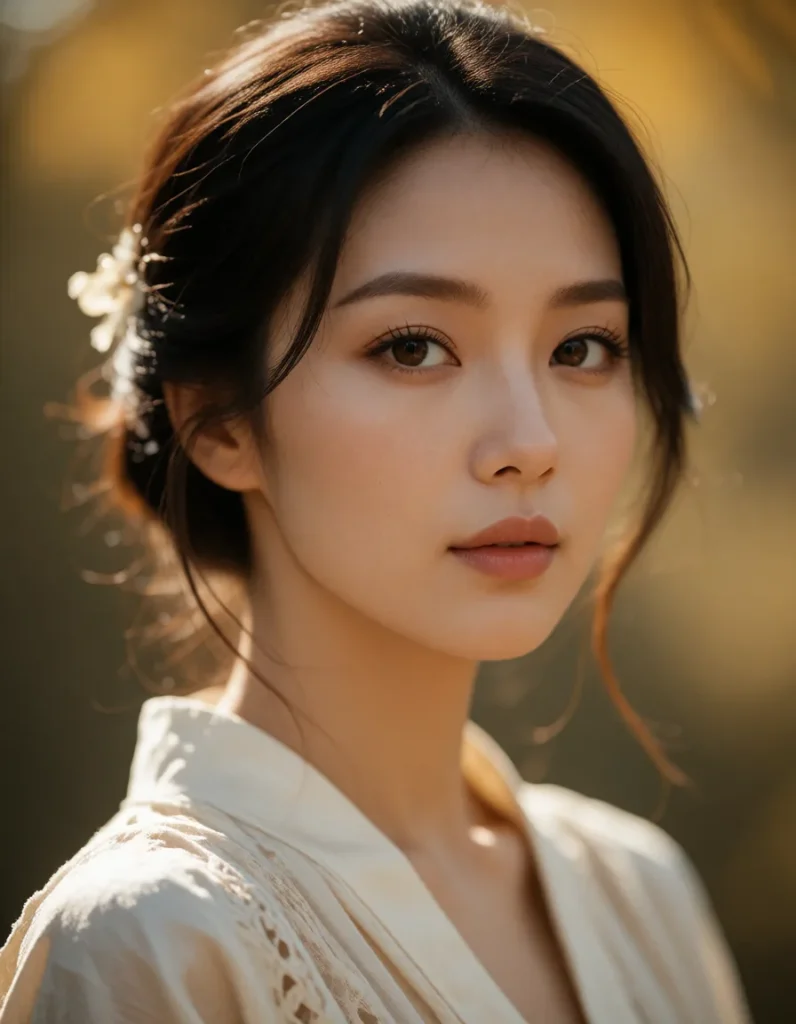 Jeune femme asiatique aux cheveux noirs lissés, vêtue d'une robe blanche à manches longues, coiffée d'une barrette argentée