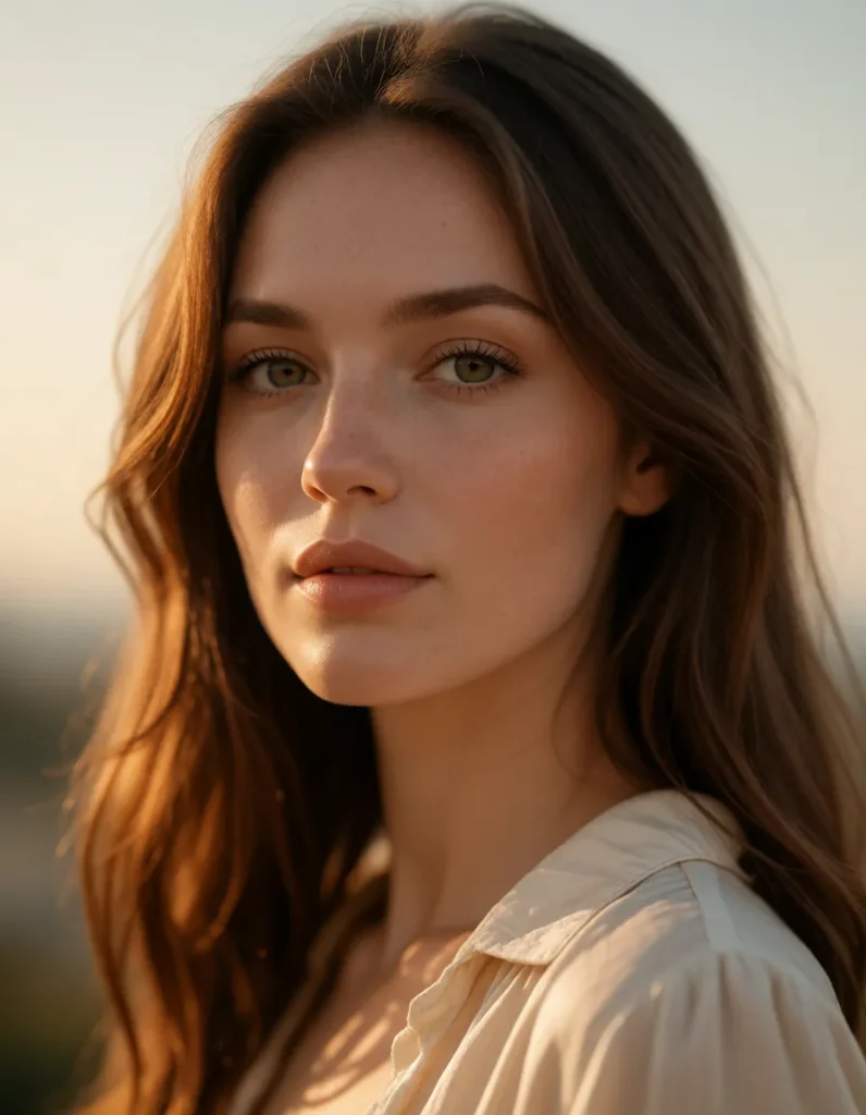 Jeune femme aux cheveux blonds ondulés, vêtue d'une robe blanche fluide, éclairée par une lumière dorée et douce en